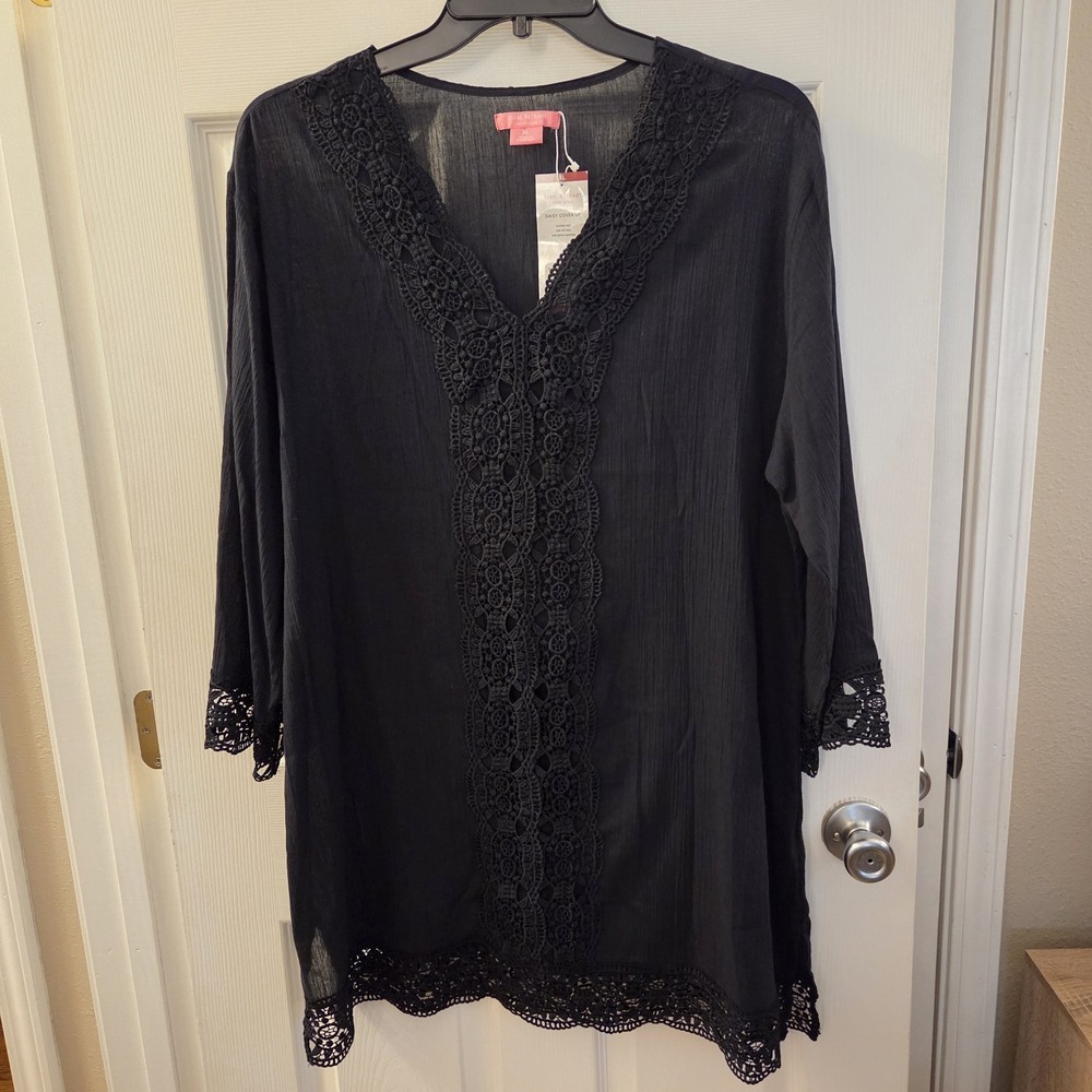 Isaac Mizrahi XL Black Daisy Swim CoverUp Dress NWT Crochet‎ Cotton Beach Resort